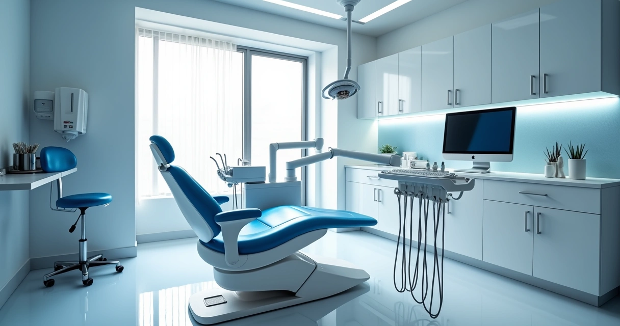 Consultório odontológico moderno com cadeira e equipamentos tecnológicos 