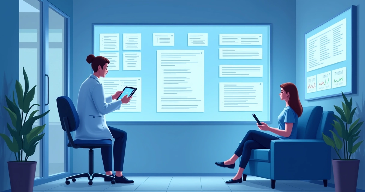 Consultório médico moderno com telas digitais e médico usando tablet 