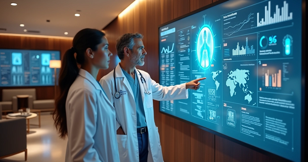 Equipe médica em consultório moderno analisando dados digitais em tela grande 