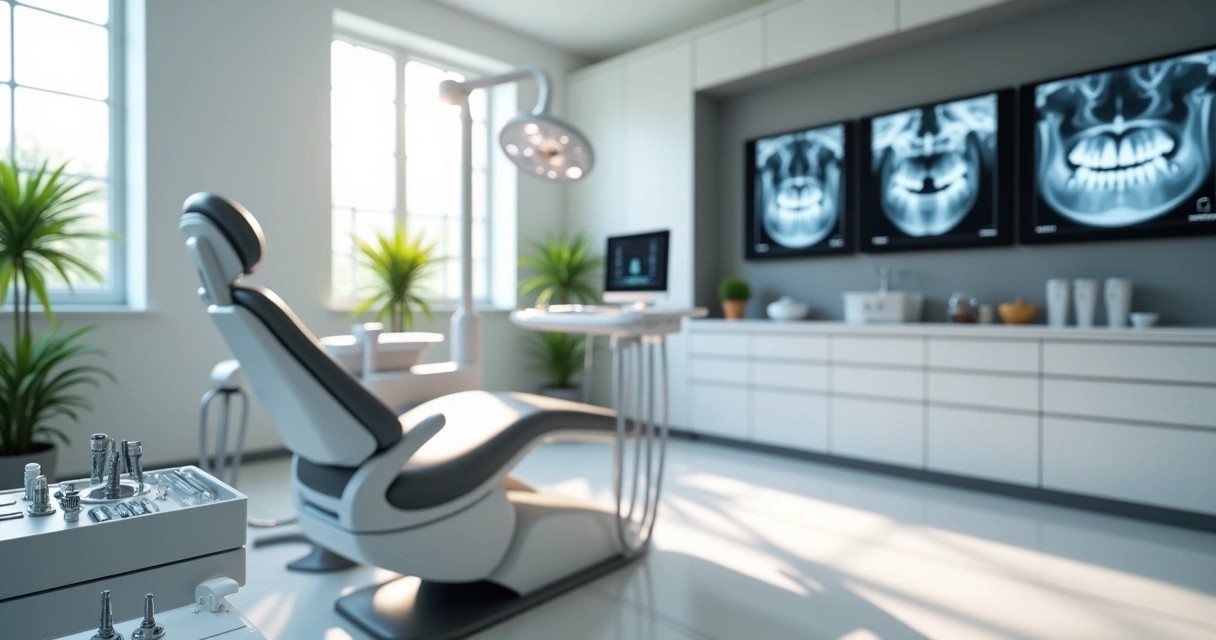 Consultório odontológico moderno com cadeira de dentista e equipamentos para implante 