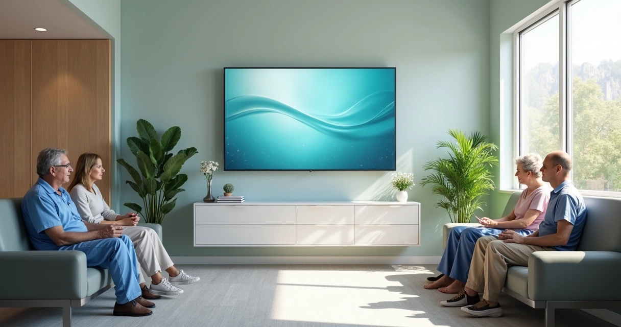 Sala de espera de clínica médica moderna com pacientes aguardando e material digital informativo na TV 