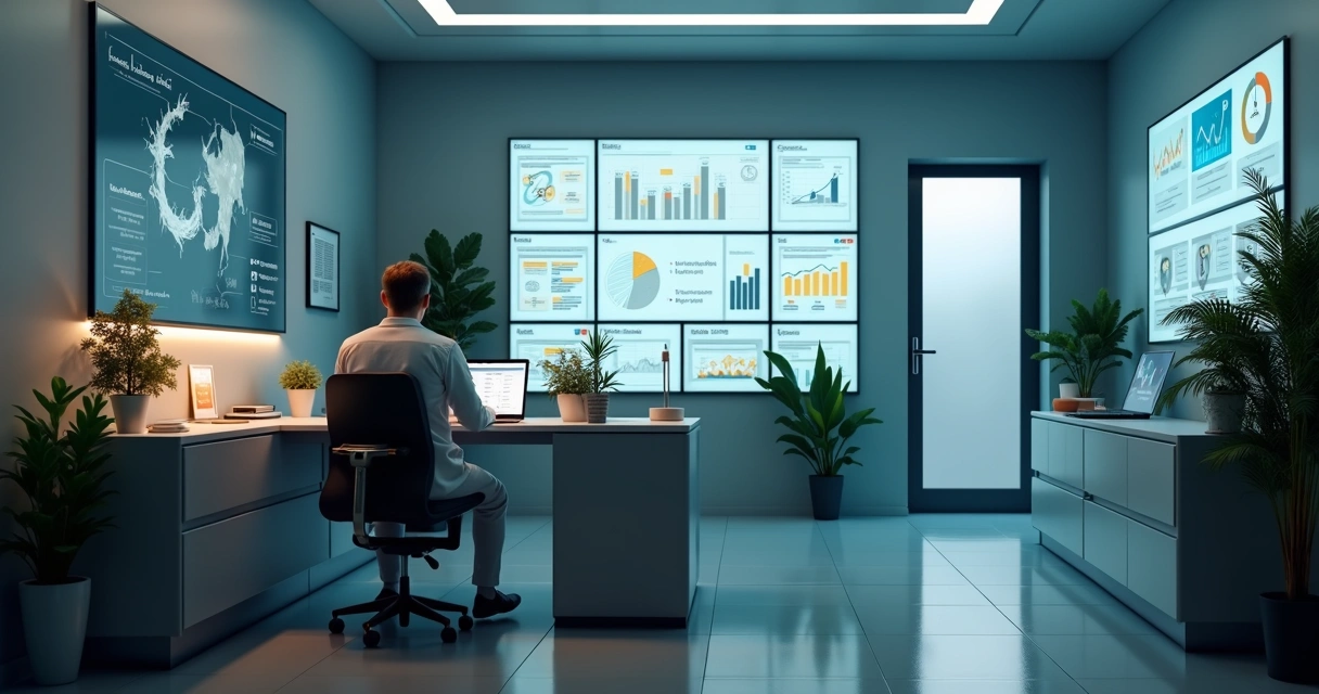 Consultório médico moderno com telas digitais exibindo gráficos de desempenho 
