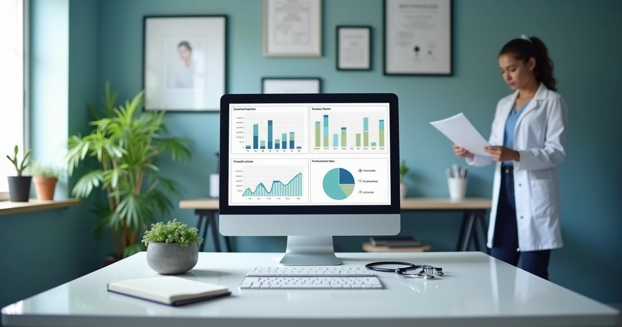 Consultório médico moderno organizado com equipamentos e computador mostrando gráficos de marketing 