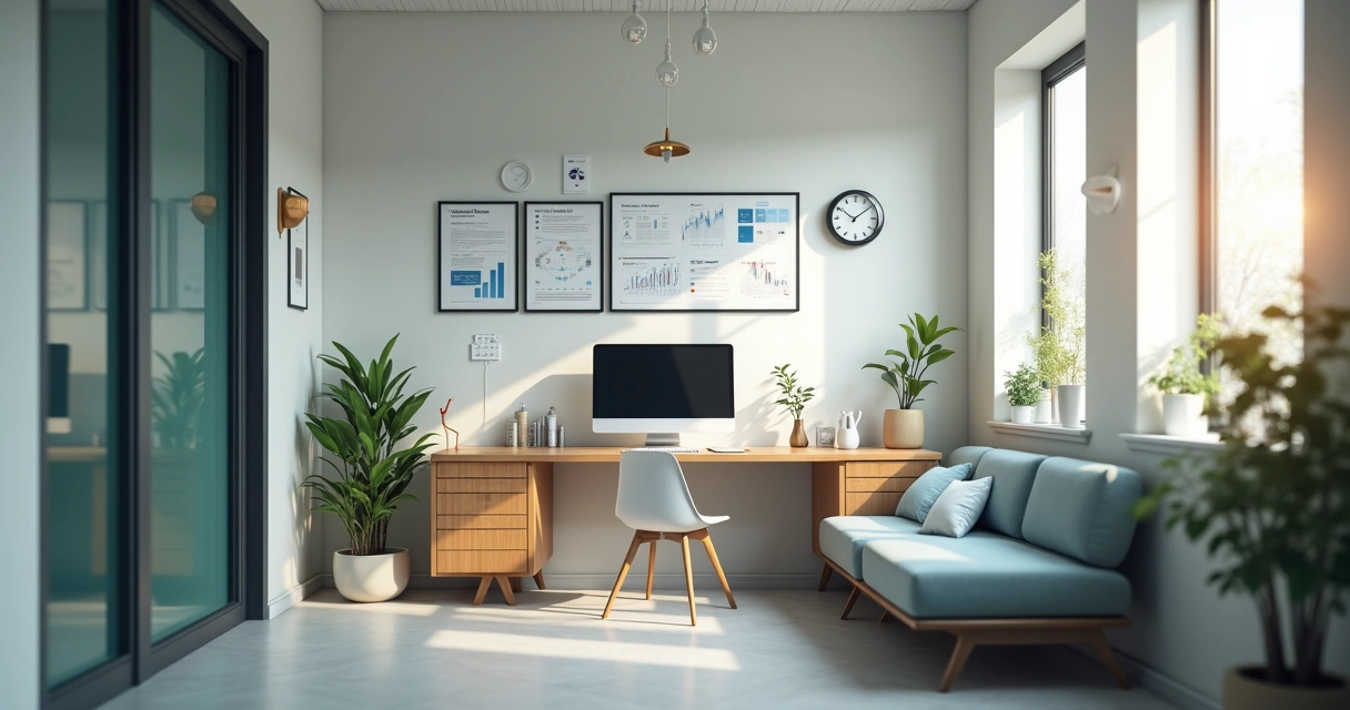 Consultório médico moderno com elementos digitais e gráficos de marketing 