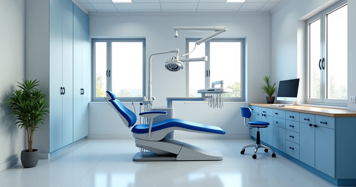 Consultório odontológico moderno com cadeira azul e equipamentos digitais 