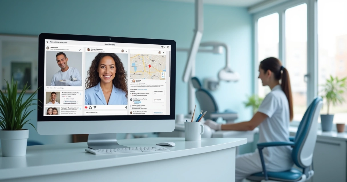 Interior de consultório odontológico moderno com computador exibindo redes sociais 