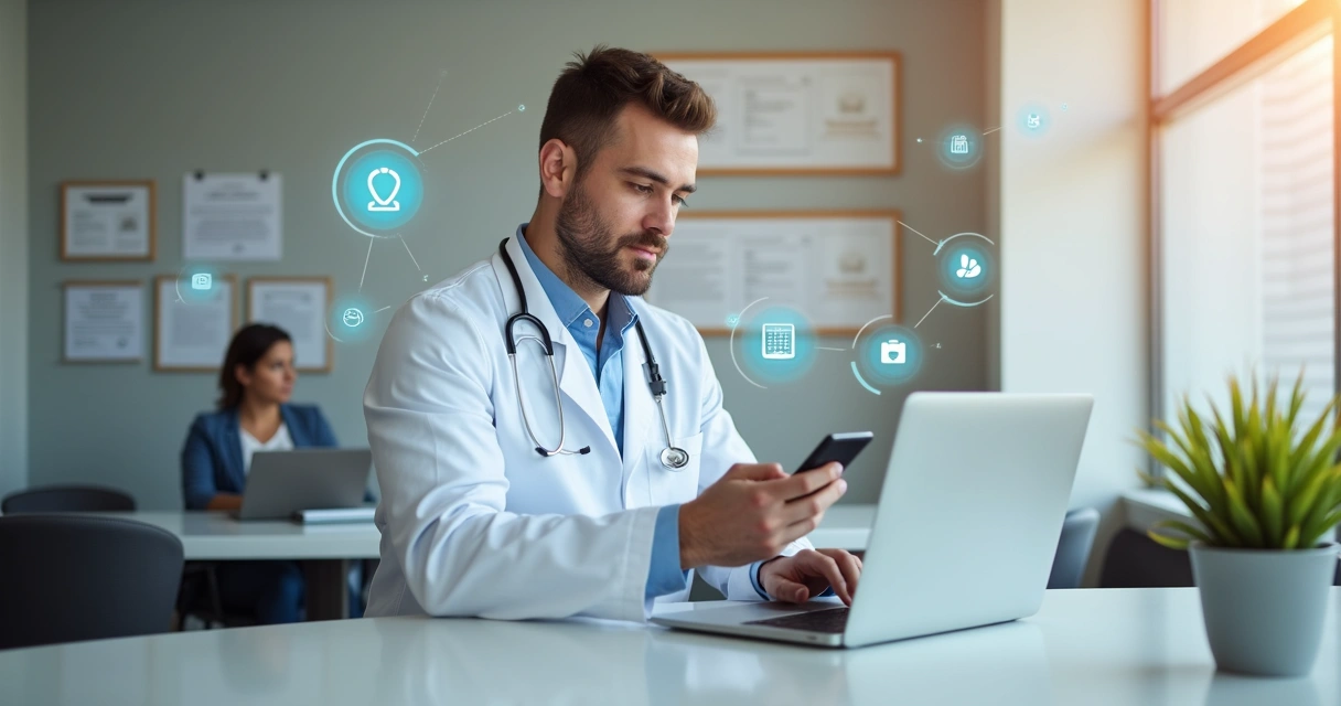 Consultório moderno com médico usando notebook e smartphone 