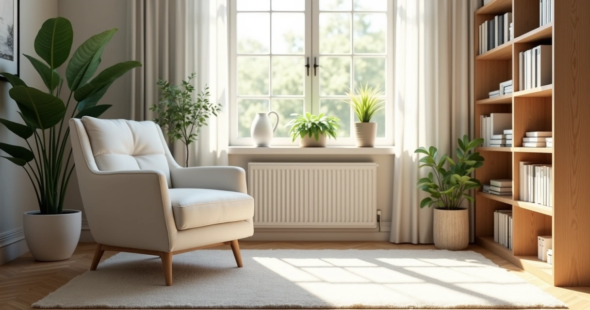 Consultório de psicologia moderno com móveis claros e uma poltrona confortável