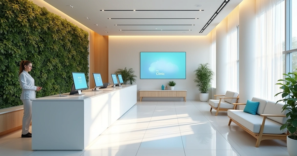 Recepção moderna de consultório médico privado com toques tecnológicos e ambiente acolhedor 