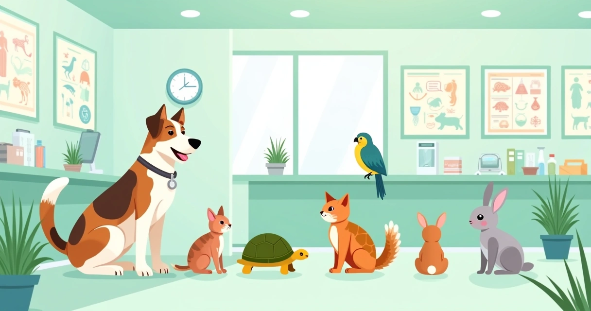 Consultório veterinário com diferentes espécies de animais 