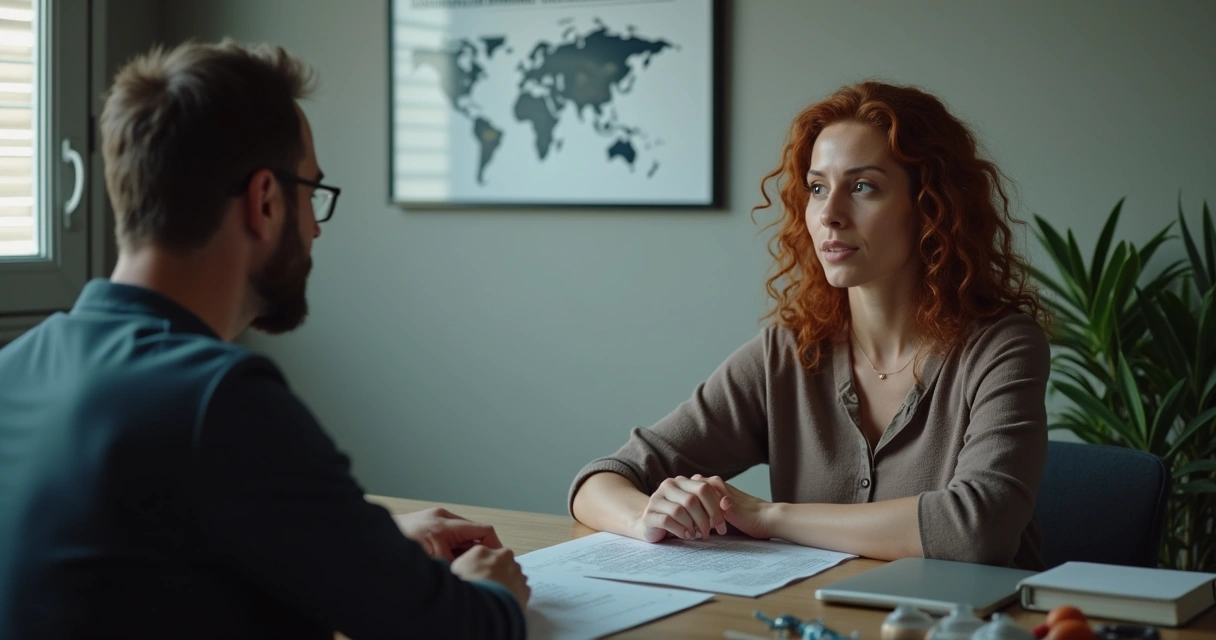 Consultório de neuropsicologia com um profissional ouvindo uma paciente, ambiente acolhedor com gráficos na parede.