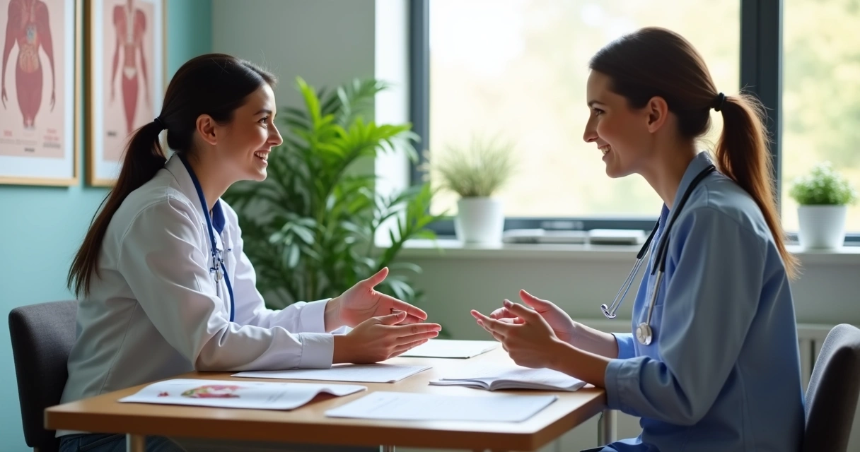 Paciente e nutricionista conversam em consultório com fichas à mesa 