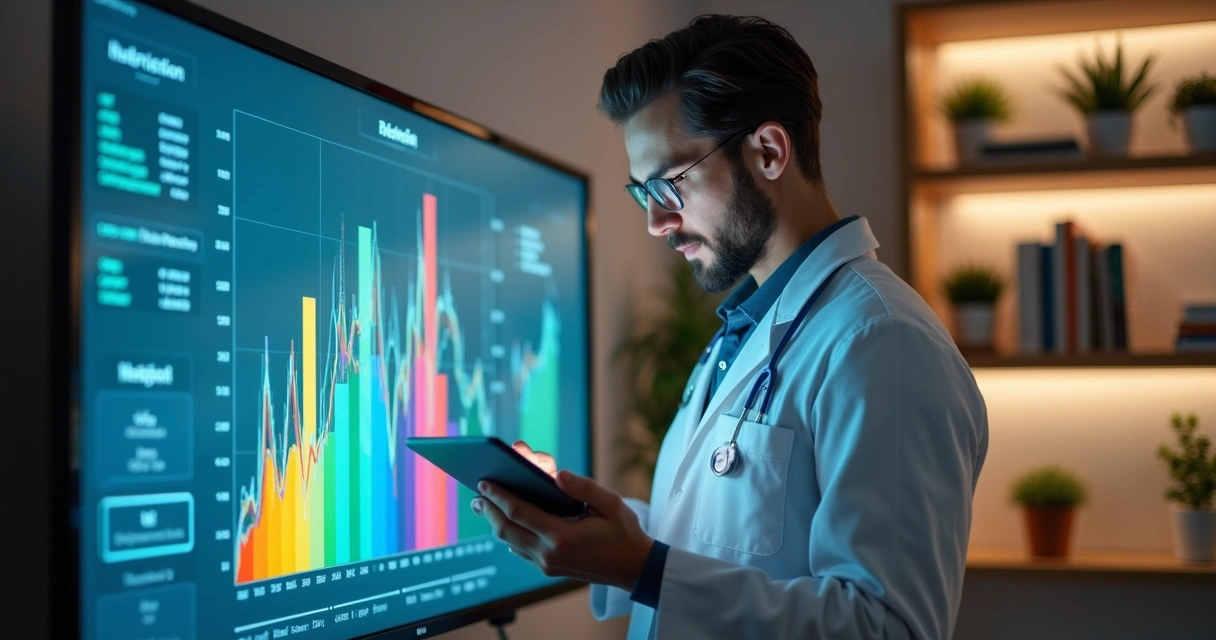 Nutricionista analisando painel digital ao lado de tela com gráficos coloridos