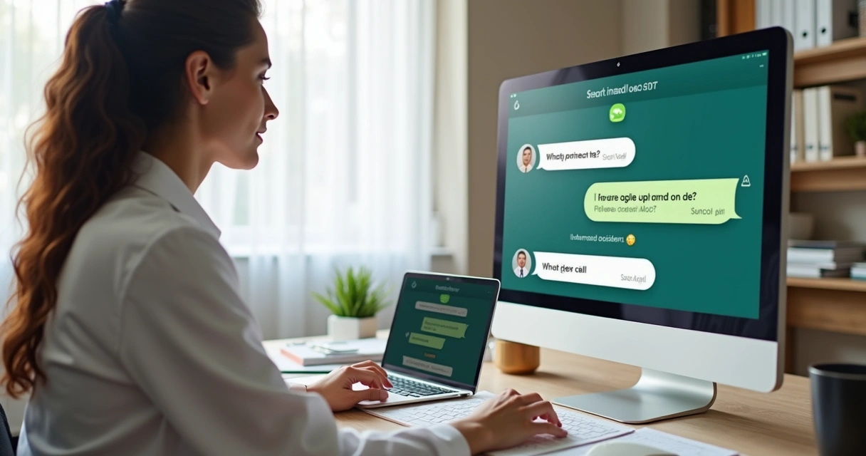 Consultório de nutrição com computador mostrando chat de assistente virtual e paciente sendo atendido