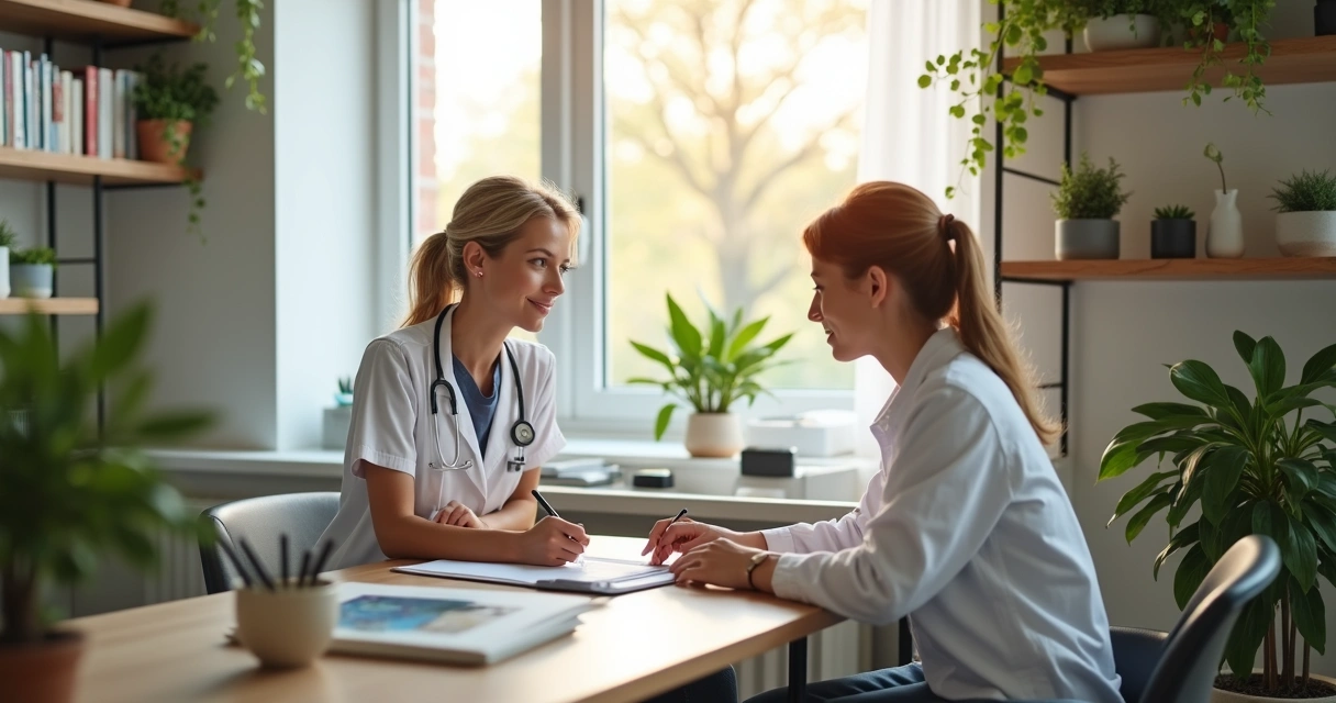 Consultório de nutricionista funcional, mulher anotando dados em computador ao lado de paciente 