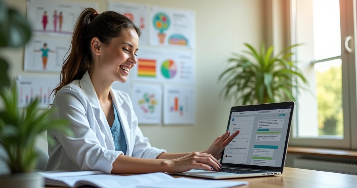 Nutricionista em consultório com computador, analisando dados digitais e gráficos de saúde. 