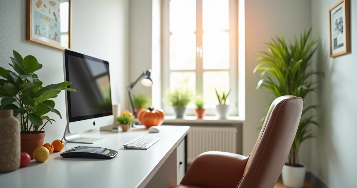 Consultório de nutricionista moderno com computador, balança e alimentos decorativos 