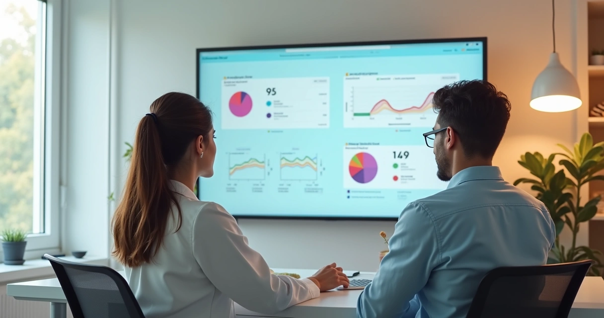 Consultório de nutrição moderno com múltiplas telas mostrando gráficos de evolução e lembretes