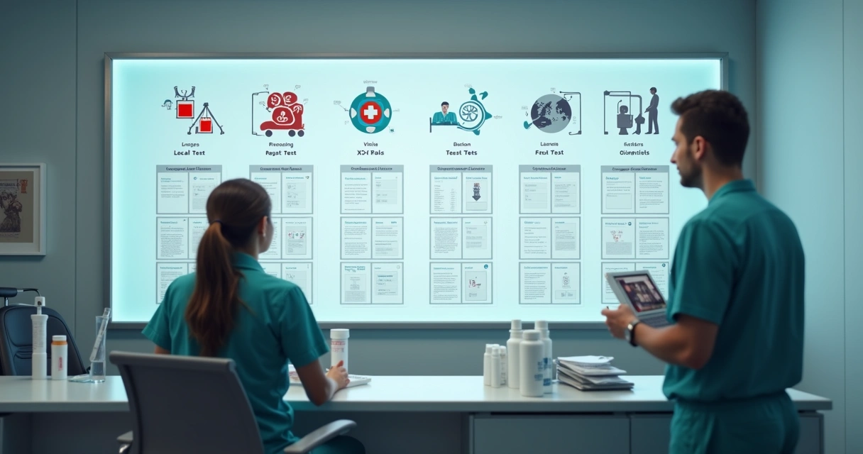 Painel com exames laboratoriais em consultório ocupacional 