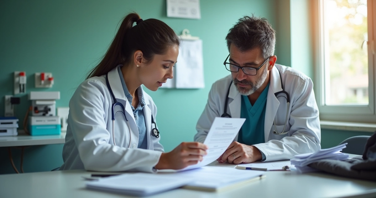 Médico do trabalho conversa com trabalhador em consultório ocupacional, papéis e equipamentos sobre a mesa