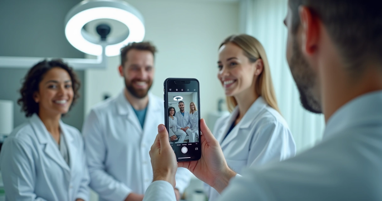 Equipe de clínica odontológica usando smartphone para gravar Reels no Instagram 