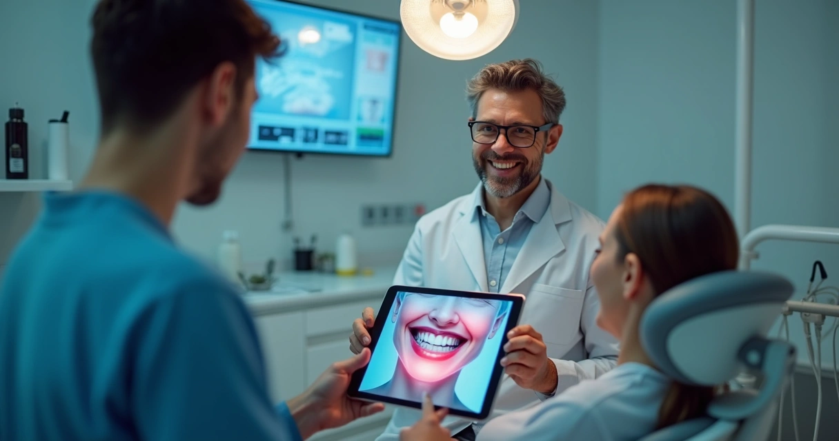 Dentista em consultório mostrando tablet para paciente 