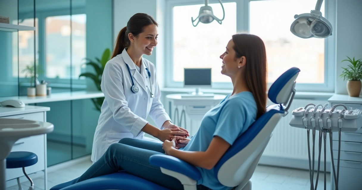 Dentista atendendo paciente adulto em consultório odontológico 