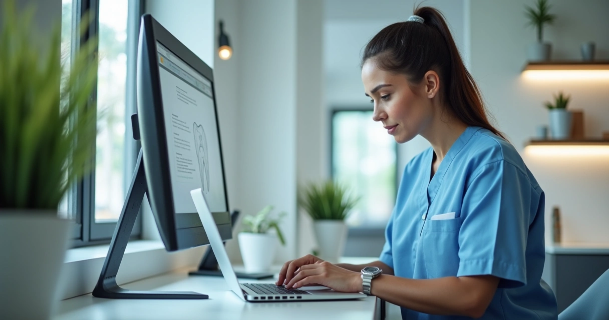Dentista escrevendo no blog com notebook na recepção