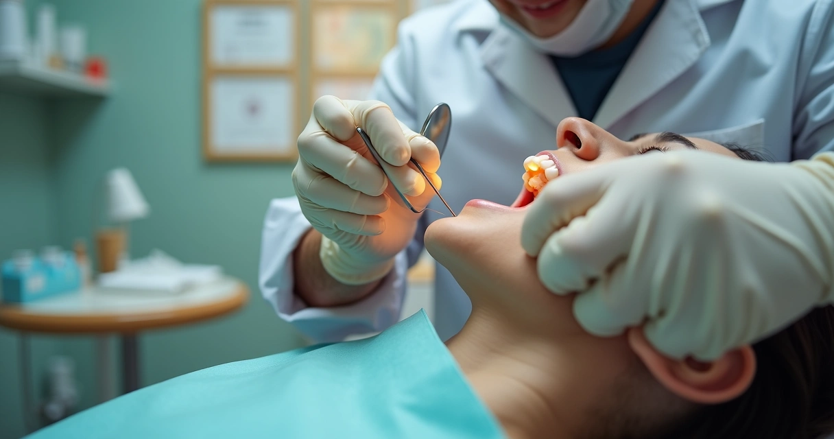 Dentista realizando avaliação clínica em consultório 