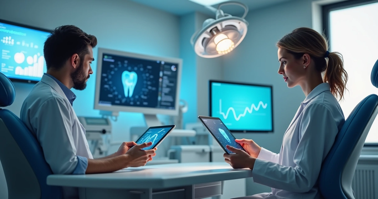 Consultório odontológico moderno com computadores e telas mostrando gráficos digitais