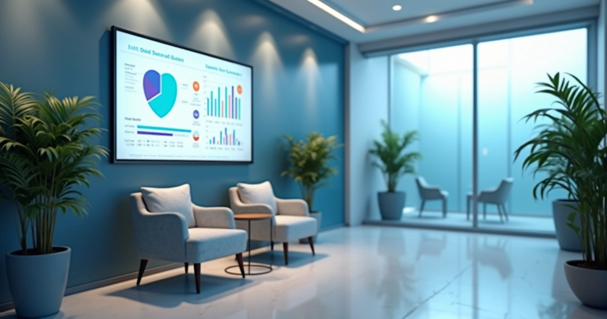 Recepção moderna de clínica odontológica com painel digital interativo 