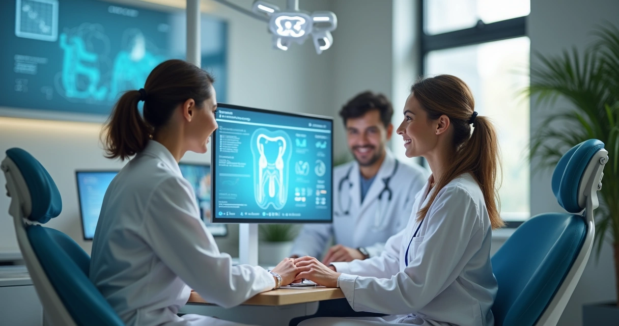 Clínica odontológica com equipe usando sistema digital 
