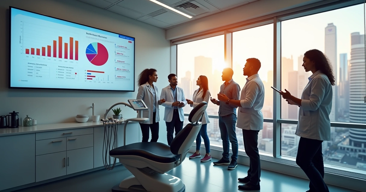 Consultório odontológico equipado, com tela exibindo gráficos de marketing digital e equipe avaliando resultados 