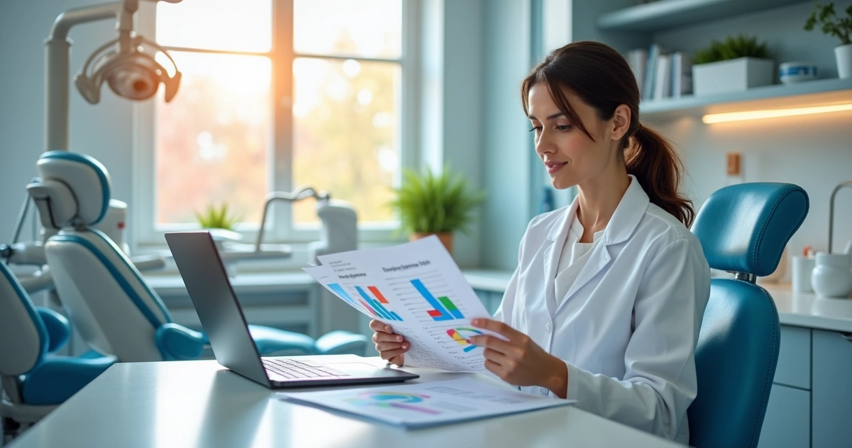 Dentista analisando gráficos financeiros em consultório 