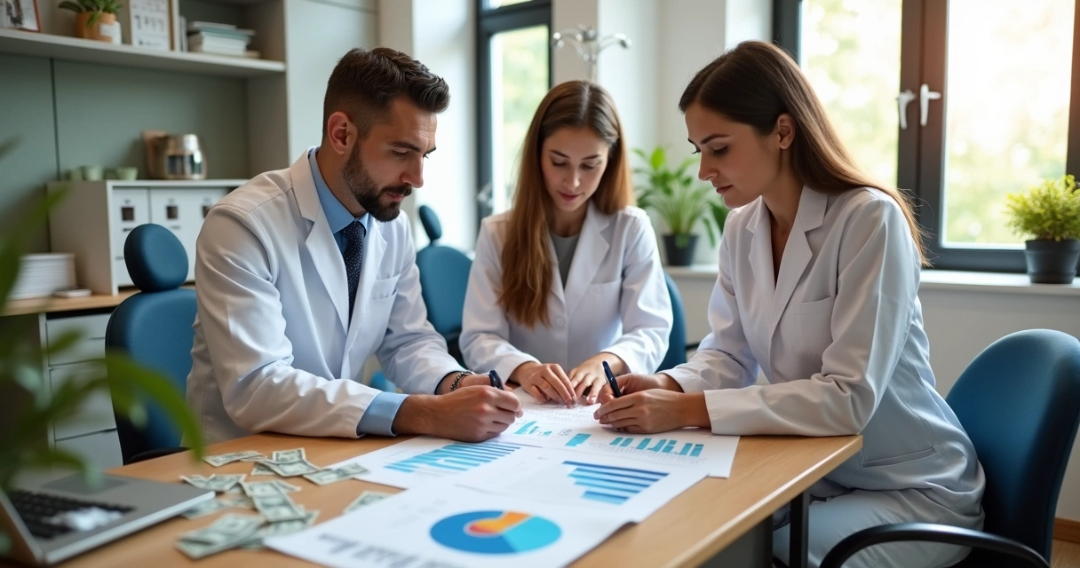 Consultório odontológico com dentista e equipe analisando finanças em laptop e papéis na mesa 