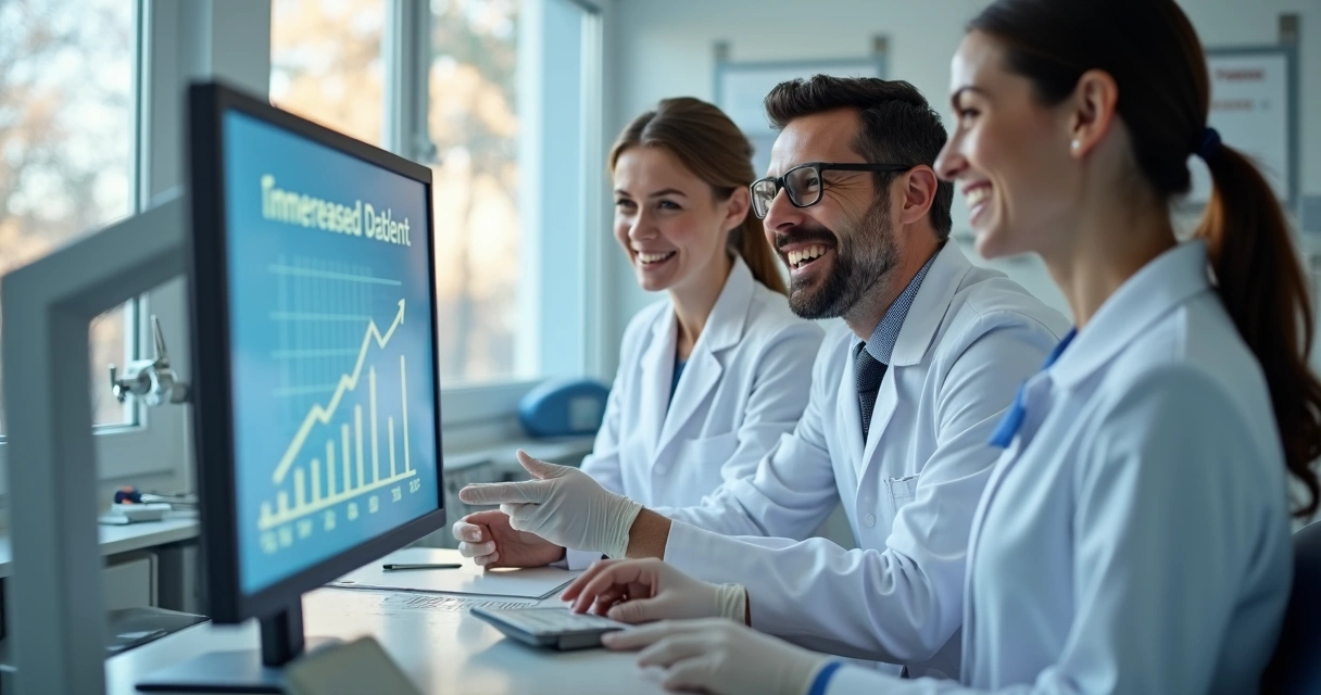 Equipe odontológica comemorando aumento de consultas 