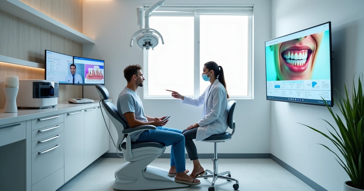 Dentista mostrando tratamento digital em tela grande para paciente em consultório moderno 