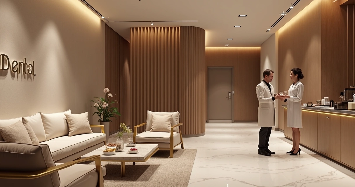 Recepção de consultório odontológico de luxo com iluminação quente e atendimento exclusivo 