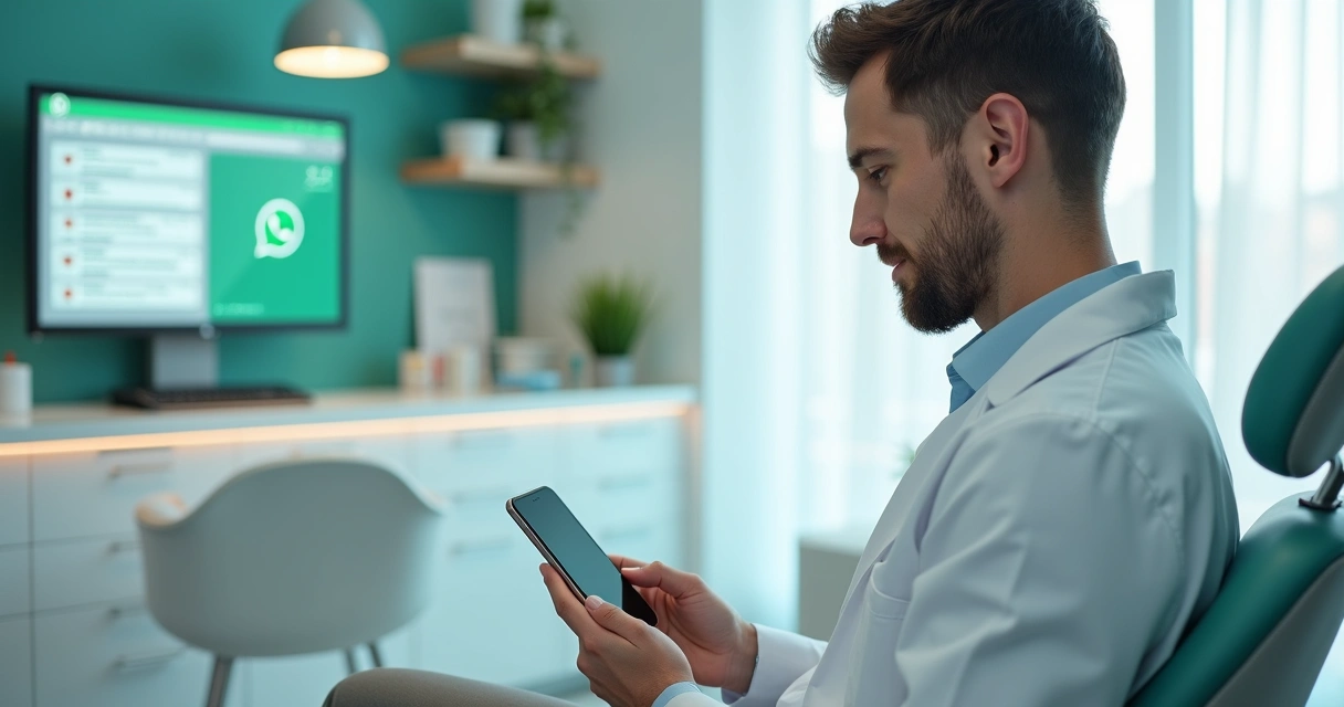 Dentista usando celular no consultório