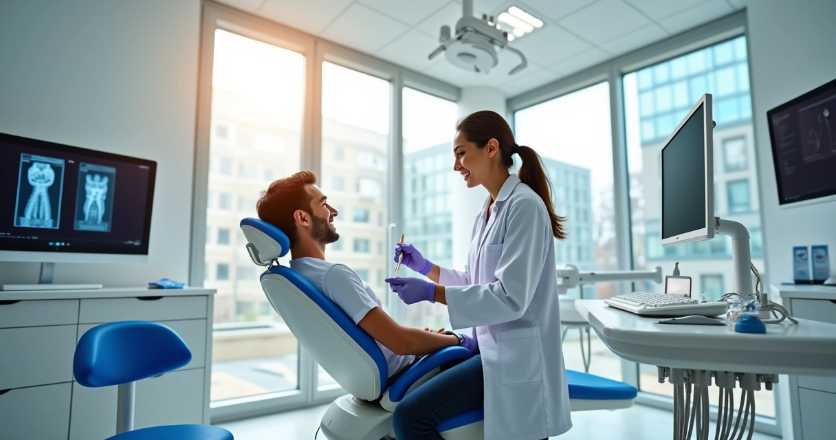 Consultório odontológico moderno com equipe e paciente na cadeira 