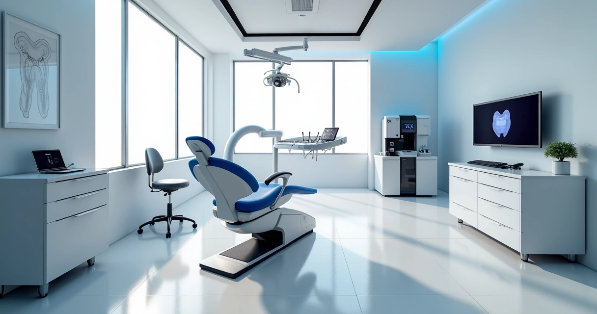 Consultório odontológico moderno com equipamentos digitais 