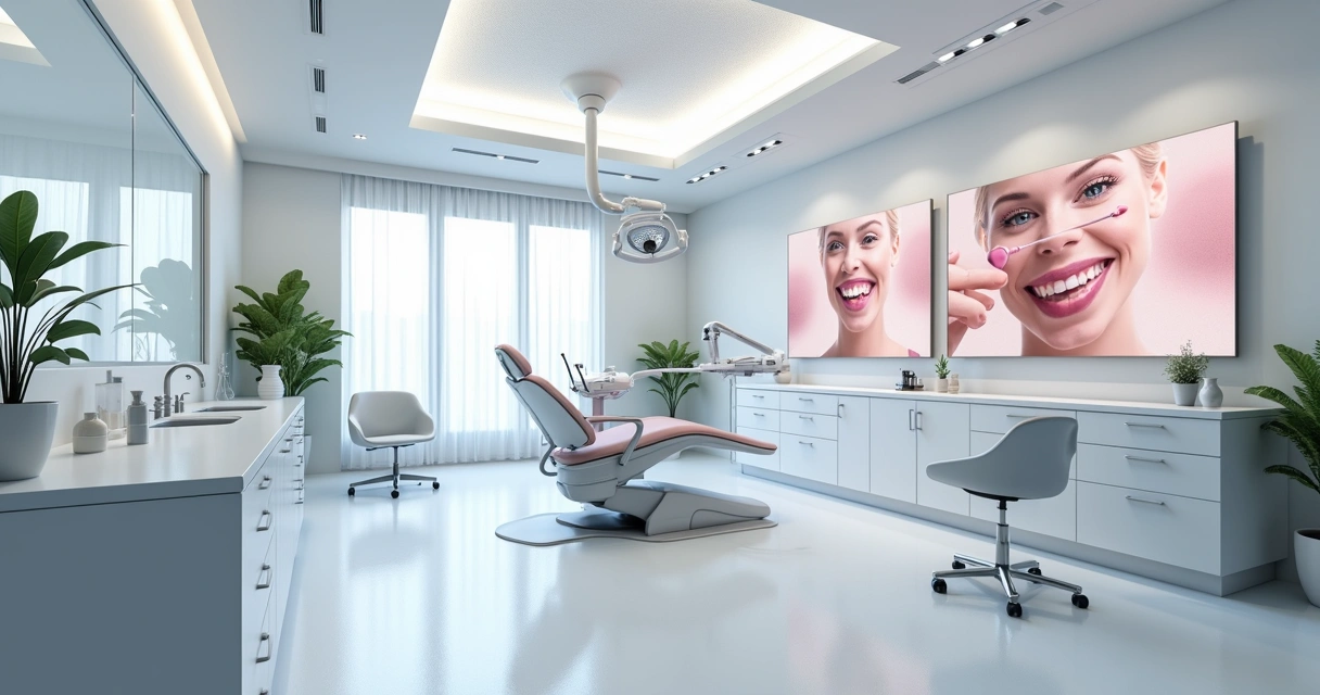 Consultório odontológico moderno com cadeiras e decoração elegante 