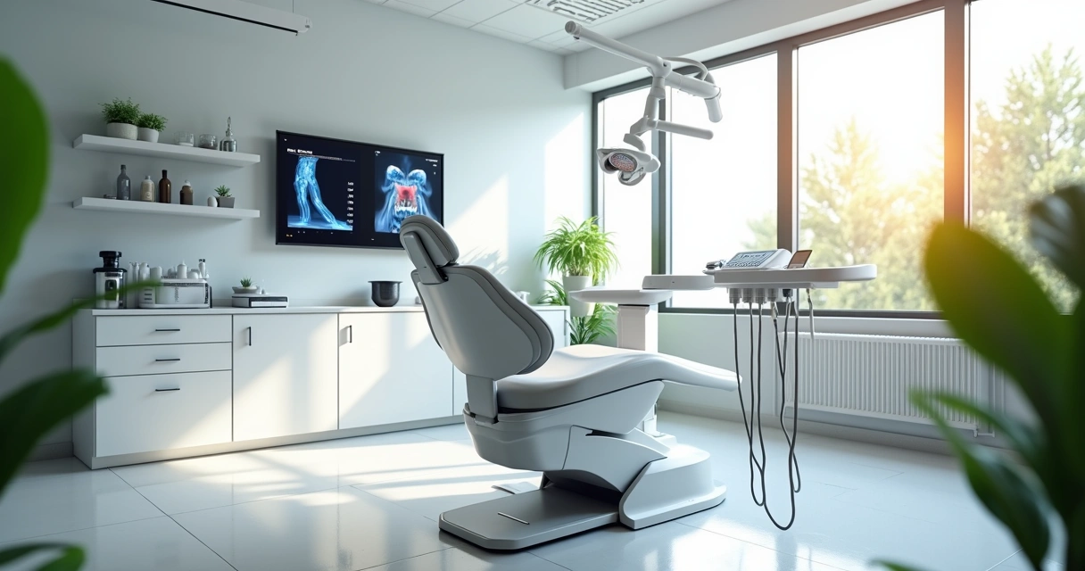 Consultório odontológico moderno, com equipamento tecnológico avançado e cadeira odontológica branca destacada 