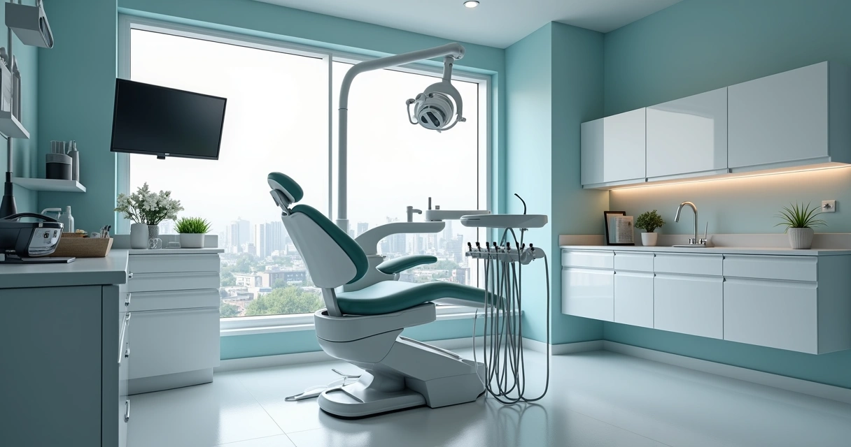 Consultório odontológico moderno, com cadeira e equipamentos. 