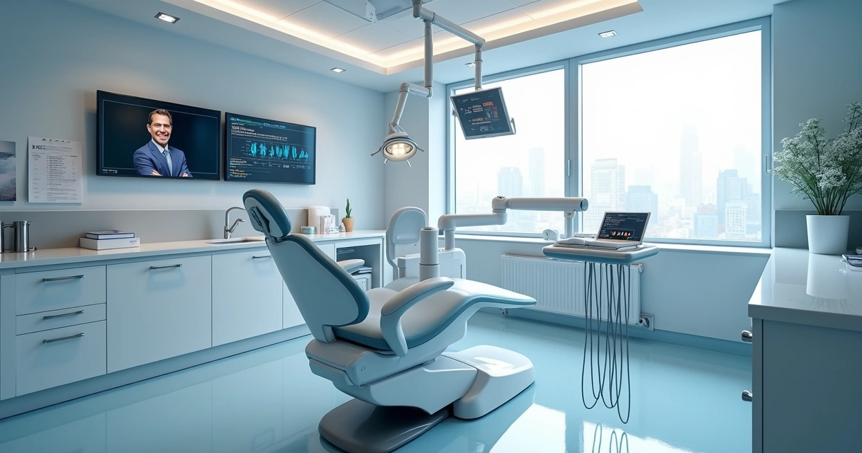Consultório odontológico moderno com equipamentos digitais 