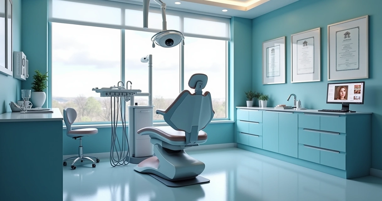 Consultório odontológico com equipamentos modernos e uma cadeira odonto central