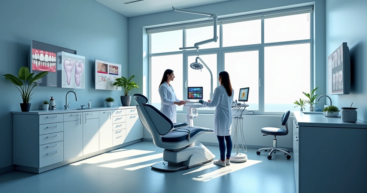 Consultório odontológico moderno com profissionais e equipamentos digitais 