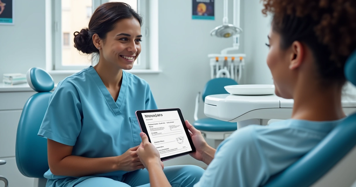 Dentista em consultório com paciente analisando prescrição digital de medicamento 