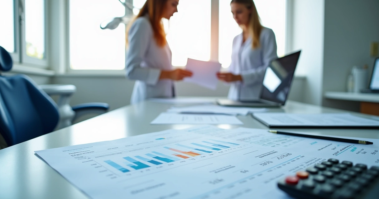 Consultório odontológico com documentos e calculadora sobre a mesa 