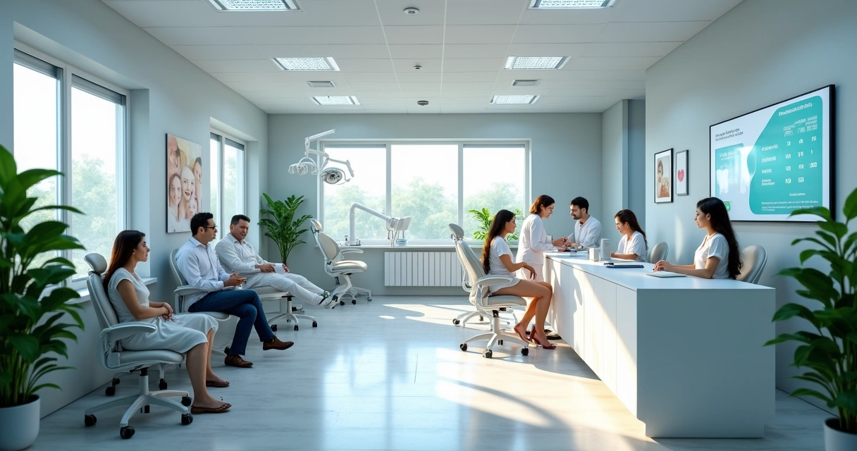 Consultório odontológico cheio com pacientes aguardando e atendimento sendo realizado 